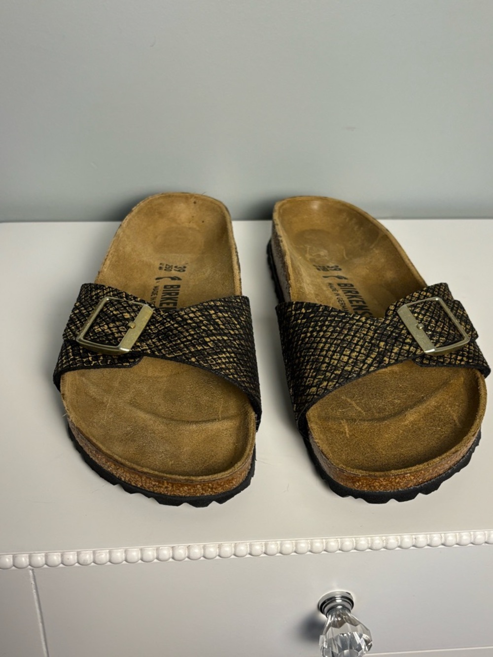 Birkenstock Madrid Sandals in Shiny Python Black Size 39 (US 8)
